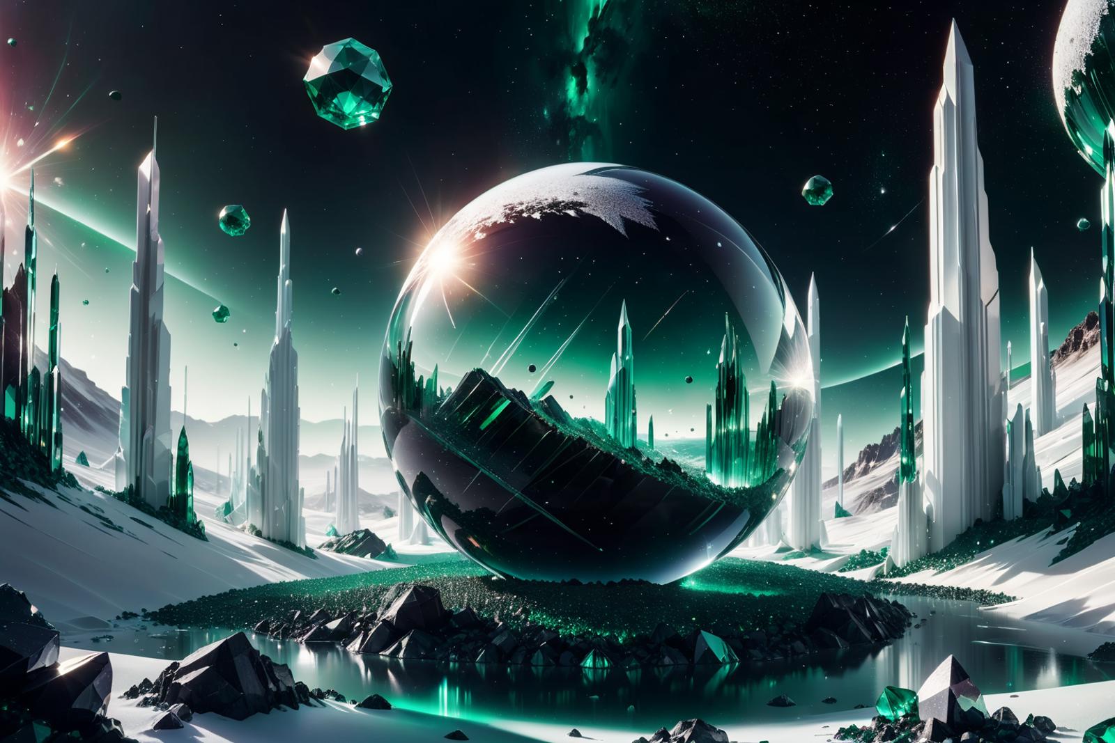 An artistic computer generated image of a large sphere surrounded by green and white objects.