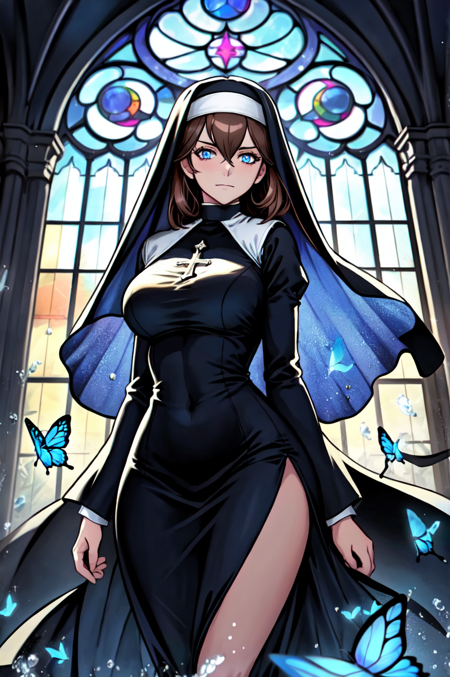 official art, unity 8k wallpaper, ultra detailed, beautiful and aesthetic, High quality, beautiful, masterpiece, best quality, (zentangle, mandala, tangle, entangle:0.6), 1girl, solo, blue butterfly, breasts, veil, nun, butterfly, large breasts, bug, bangs, long hair, long sleeves, dress, black dress, looking at viewer, brown hair, closed mouth, gothic church scene, side lighting, rim lighting, demonic view, indoors, hair between eyes, underboob, sky, window, pillar, pelvic curtain, water splash, wind swept, glitter,ultra sharp