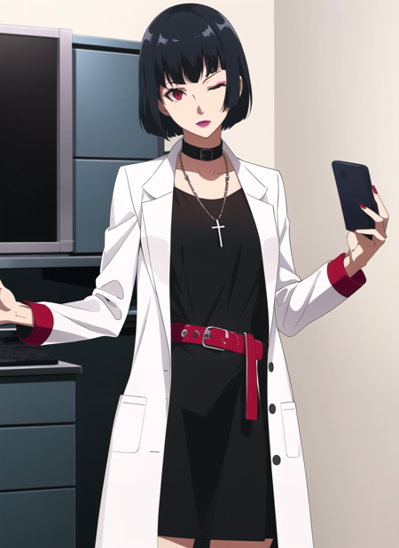 persona5 anime style, takemi tae, 1girl, arm support, belt, black collar, black dress, black hair, bob cut, breasts, buttons, coat, collar, computer, dress, hand up, head tilt, holding, indoors, jewelry, lab coat, lipstick, long sleeves, looking at viewer, makeup, medium breasts, monitor, nail polish, nurse, one eye closed, open clothes, open coat, open labcoat, pendant, phone, pink lips, red belt, red eyes, red nails, short dress, short hair, solo, studded belt, studded collar, white coat, ((masterpiece))  <lora:persona5_anime_style_offset:1>