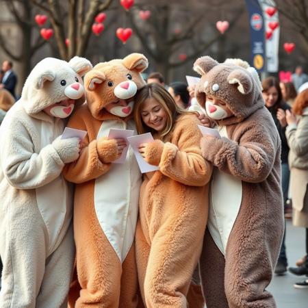 a bunch of people in furry costumes giving love letters and hugs