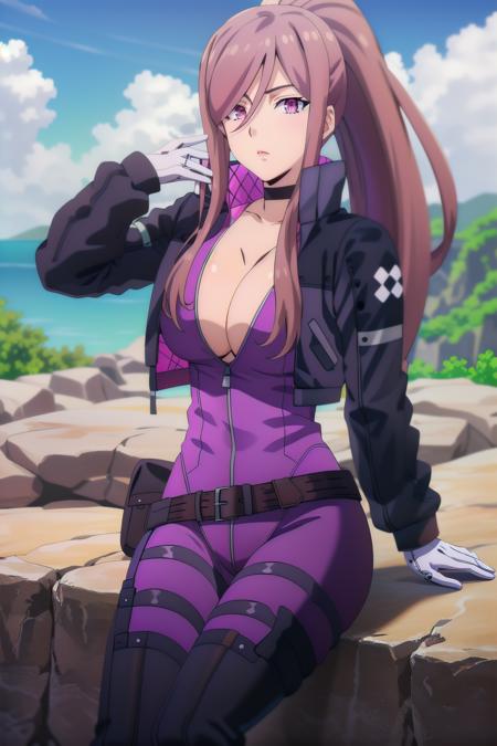 claudia_olis, 1girl, solo, brown hair, high ponytail, long hair, sidelocks, purple eyes, black choker, cropped jacket, open jacket, purple bodysuit, open bodysuit, collarbone, large breasts, black belt, belt pouch, two-tone gloves, thigh boots, looking at viewer
BREAK
rock, outdoors, sky, cloud, day
 <lora:claudia_synduality_v1:1>