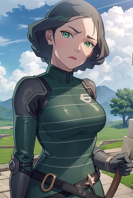 avatarlin, <lora:avatar lin-lora-nochekaiser:1>,
lin, short hair, grey hair, (green eyes:1.5),
BREAK gloves, boots, belt, fingerless gloves, armor, breastplate, greaves,
BREAK outdoors, forest, nature, grass, trees, sun, sky, clouds,
BREAK looking at viewer, (cowboy shot:1.5),
BREAK <lyco:GoodHands-beta2:1>, (masterpiece:1.2), best quality, high resolution, unity 8k wallpaper, (illustration:0.8), (beautiful detailed eyes:1.6), extremely detailed face, perfect lighting, extremely detailed CG, (perfect hands, perfect anatomy),