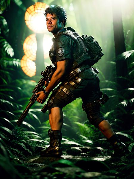 full body shot, (Richard Ayoade) in Gears of War, Cambodian jungle, splash art, movie still, ultra detailed face, cinematic lighting, color, dramatic, octane render, long lens, shallow depth of field, bokeh, anamorphic lens flare, 8k, hyper detailed, 35mm film grain <lora:Richard-Ayoade-v10:0.8>