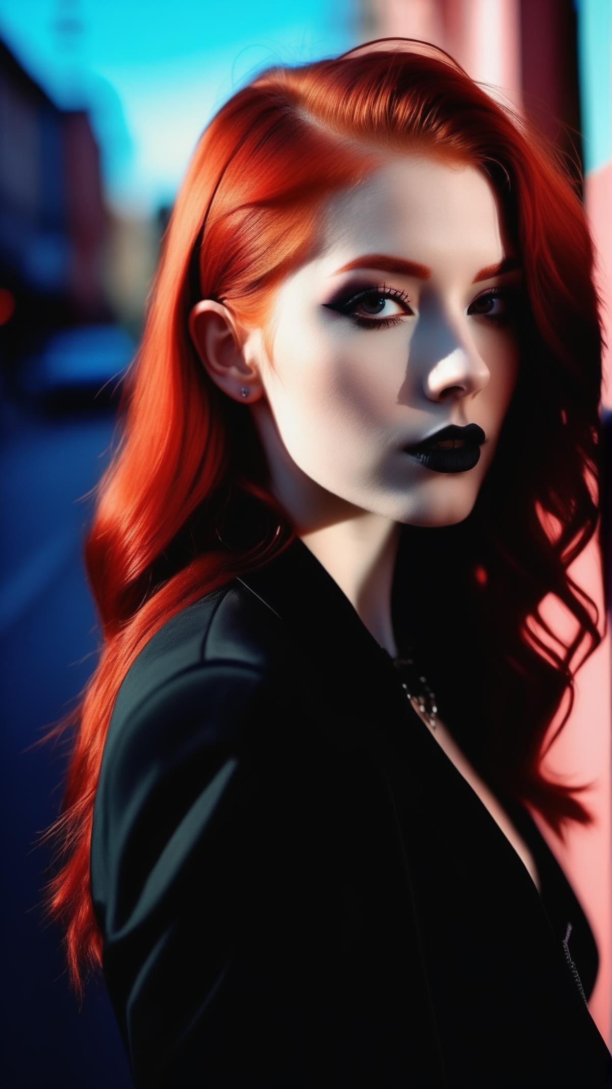 A red-haired woman with painted lips and eyes, wearing a black jacket and black lipstick.