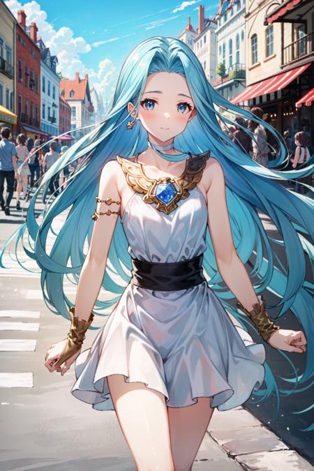 (masterpiece, best quality:1.5), <lyco:Lyria-v2-000008:1.0>, Lyria, blue hair, long hair, blue eyes, looking at viewer, cowboy shot, Lyriadress, white dress, (fantasy:1.3), town, walking, street, festival,