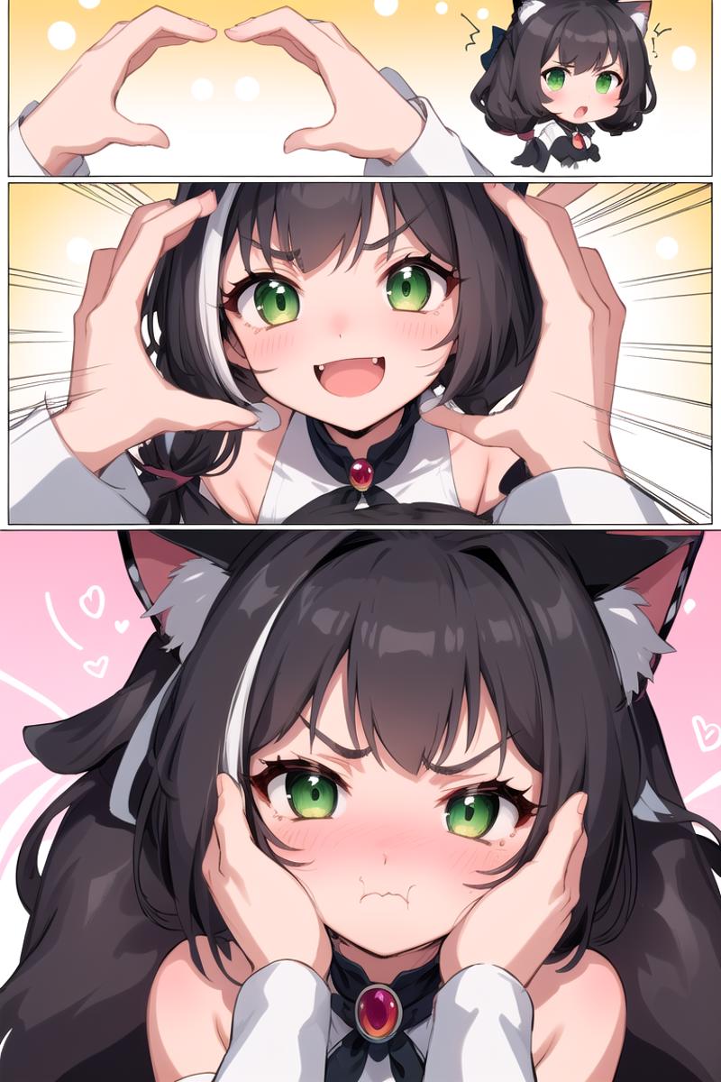A cartoon image of a girl with a red ribbon in her hair, wearing a white dress and black cat ears. She has green eyes and is holding her hands over her face, making a funny facial expression. The image is a split-screen, showing her facial expressions in two different ways.