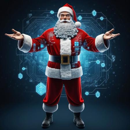 biomechanical cyber santa claus in a virtual world with floating code