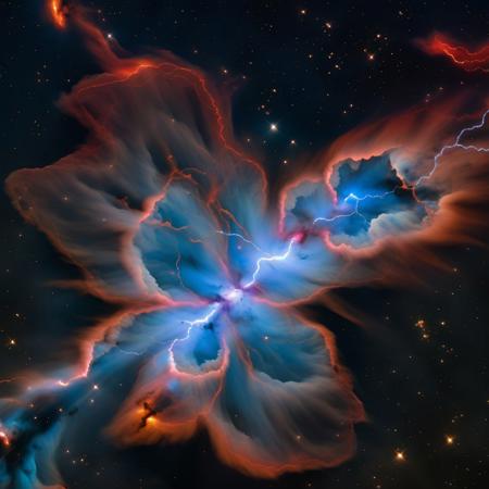 mad-nbla, lightning bolt shaped nebula, ultra realistic, complementing tones