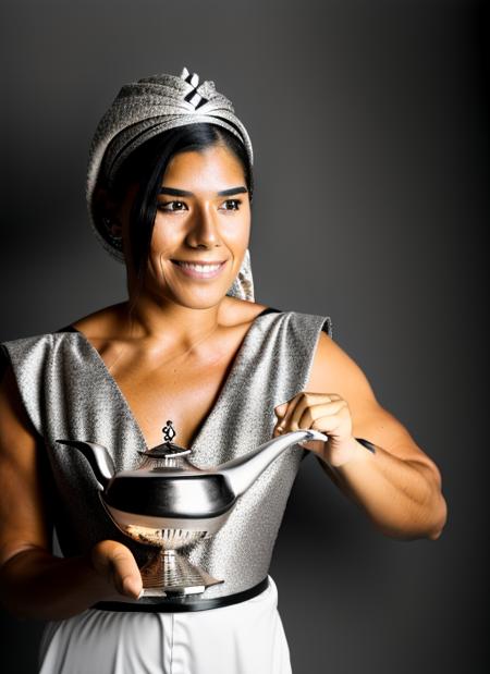 woman holding a silver magic lamp <lora:genielamp6:1> RAW photo, 8k uhd, dslr, soft lighting, high quality, film grain, Fujifilm XT3