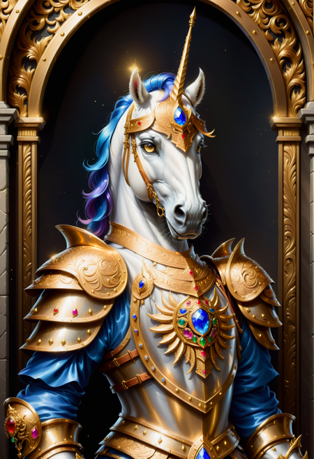 Portrait of a shining armor, display case, concept art, ornate gilded jeweled armor, 8k, simple background, game art, illustration, hand drawn digital art <lora:FaeTastic2:0.7>