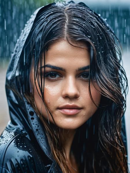 portrait photo of Selena Gomez, attractive woman standing in the rain , (long wet hair, wet clothes, soaking wet, wet skin, autumn), cloudy, raining, water drops
