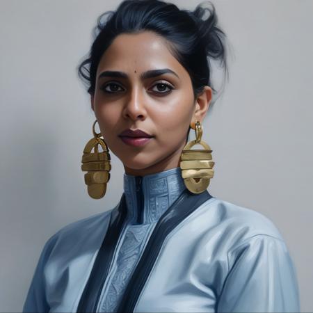 AishwaryaLekshmi, portrait,close up of a Blue Girl, Podcasting, wearing Icy [Pleated skirt and tucked-in blouse:Business casual:5] with Train station trimmings, Human Earrings, Empty Eyes, ultrafine detailed, Cozy, biomorphic forms,  <lora:AishwaryaLekshmiSDXL:1>