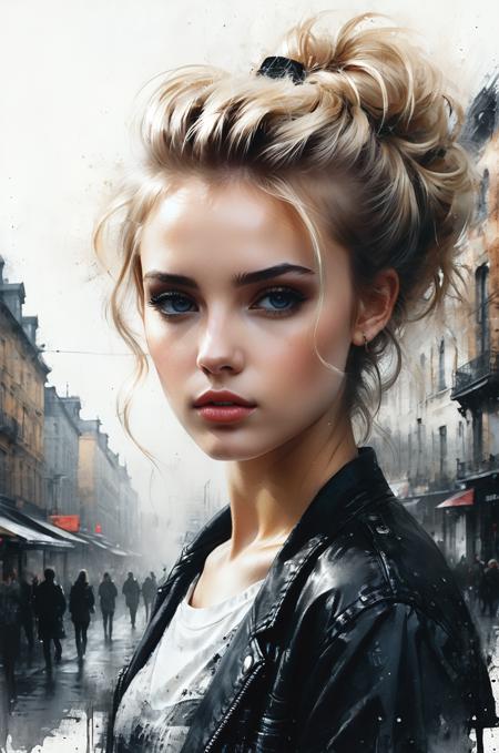 pretty face, perfect body, masterpiece, best quality, hyper detailed, ultra realistic, beautiful portrait, double exposure, watercolor and pencil, digital painting, soft lighting, updohairstyle, blonde hair, absurdres, 8k, high detail, intricate, <lora:desolation:0.3>, young girl, 21 years old, punk outfit, bare midriff, european old town, gloomy cityscape with dilapidated buildings, rainy day