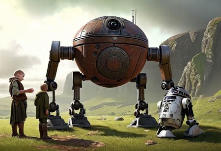 the day in the day of Celtic barbarians young ones gathered around a droid(telling a fascinating story:1.5) . High Definition 64K, Detailed and Intricate, Digital Art, Photo, Realistic, Cinematic, Studio Lighting, Beautiful Lighting, landscape view