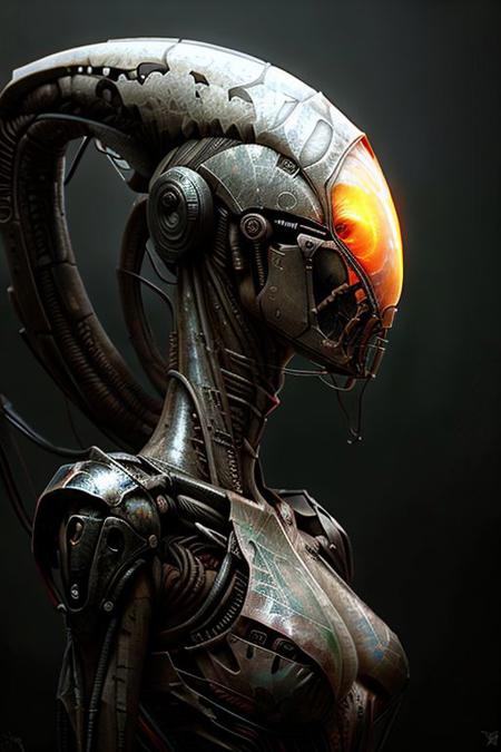 portrait of female xenomorph ((long neck, slender arms)) massive headdress, bio armor, (luminesce glowing) scifi,