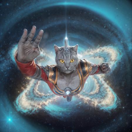 highres, 8k, absurdres, solo, 1cat, non_human, cat, (Chartreux:1.5),  solo, from above, (Ultraman_Rise:1.75), (clenched hand:1.4), simple background, space, looking at viewer, upper body,(c4ttitude:1.2), flying cat, flying,
((tokusatsu)),  
 <lora:Ultraman_Rise_v2-000005:0.75>, <lora:Chartreux_38-000002:0.4> , <lora:c4ttitudeflexver:0.35>