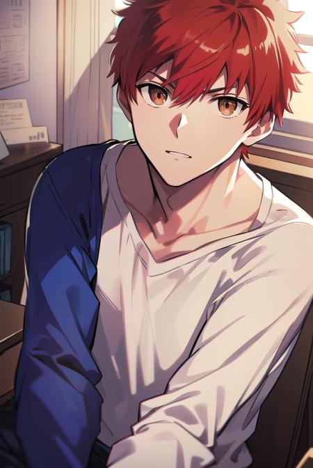 shirouemiya, <lyco:shirouemiya-LYCORIStest:1>, 
shirou emiya, 1boy, (red hair:1.5), spiked hair, (brown eyes:1.5), mature male,
BREAK blue pants, collarbone, pants, shirt, long sleeves, white shirt, raglan sleeves,
BREAK looking at viewer,
BREAK indoors, classroom,
BREAK <lora:GoodHands-vanilla:1>, (masterpiece:1.2), best quality, high resolution, unity 8k wallpaper, (illustration:0.8), (beautiful detailed eyes:1.6), extremely detailed face, perfect lighting, extremely detailed CG, (perfect hands, perfect anatomy),