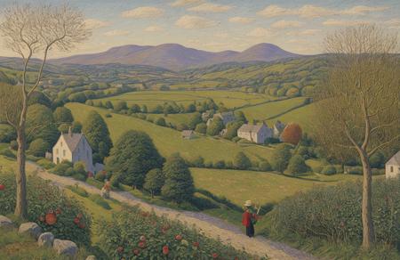 style of Henry Moret, orchard ,boscage ,terrace ,patch ,garden ,hedgerow, Mountain , scene painting,scenery,a painting,