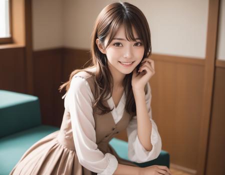 1japanese_woman,(25yo), solo, cute, (brown eyes ,catch light:1.5), natural skin, (brown hair), indoor ,(shy smile), sit chair,(thin formal dress),