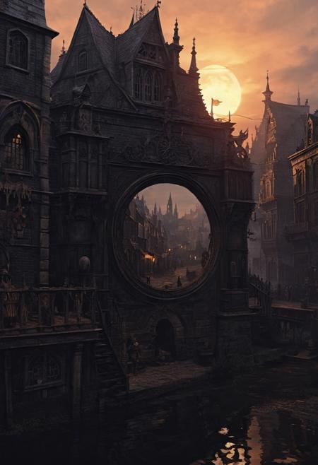 the city of Yharnam, the city of Yharnam is inside the small mirror, The small mirror is centered, bloodborne, The mirror is small, The mirror borders are plain, twilight, Don't be real, oil painting, done with japanese brush technique, realistic, extreme detail, scary, terrifying, dark and warm environment, 8k, looking at viewer, looming, Comic style
<lora:add-detail-xl:1> <lora:xl_more_art-full_v1:0.5>  <lora:looking_at_viewer:2>