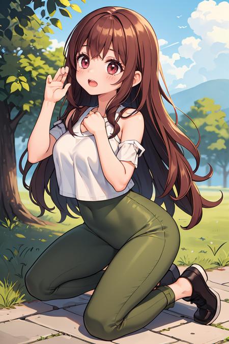 (masterpiece, best quality), 1girl, Burgundy Brown Soft Waves with Side Part, Size D breasts, Olive green Peasant top and Pleated culottes, leggings, Kneeling on the ground, hands raised to the sky, looking grateful and connected to nature.