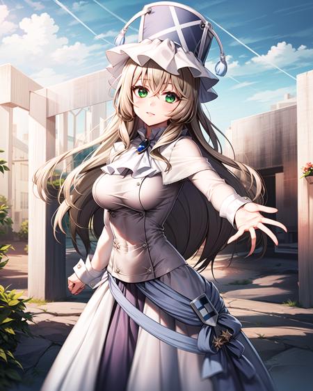 masterpiece, best quality, high quality, 2k, 4k, pmmmorikomagi, 1girl, standing, green eyes, blonde hair, white dress with puffy skirt, long sleeves, decorative shield on skirt, high white hat with two tassels, shawl on shoulders, (dynamic shot), cowboy shot, looking at viewer, colorful, <lora:pmmmorikomagi-000016:0.8>