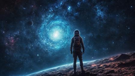 A cosmic wanderer traverses the void, seeking answers among the stars. Movie Poster, cinematic light, Professional Art many details, extreme detailed, full of details, Wide range of colors., Dramatic,Dynamic,Cinematic,Sharp details Insane quality. Insane resolution. Insane details. Masterpiece. 32k resolution.