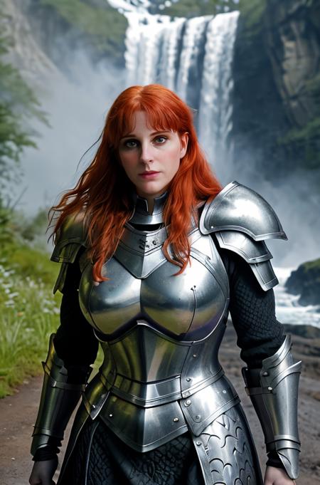 professional photograph of V4lka woman, redhead, full body, she's a holy paladin, d&d, wearing full plate armor, her silver plate armor has a dragon's head embossed on the chestplate, dragon imagery on the armor, she's wearing a long red cloak, she's on a mountain road by a waterfall, epic, high fantasy, d&d genre, fantasy genre, epic movie shot, she's got a determined face, she's walking on ther oad, 4k, 8k, masterpiece, highest quality, bokeh, geiger, (active firefight) (marvel cinematic universe)  highly detailed eyes   <lora:V4lkawoman:1>