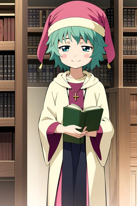 masterpiece, 1girl, nono, green hair, blue eyes, standing, smile, blush, wizard robes, jewelry, wizard hat, holding book, library, books, medieval fantasy