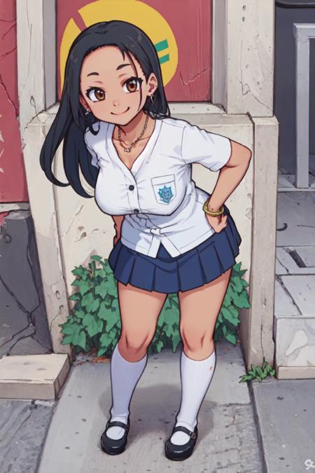 1girl (cp2 uniform:1.1) ((tan skin)) [short sleeves white shirt, school emblem, breast pocket, collarbone::4] (blue pleated skirt:1.05) (kneehighs white socks:1.1) (mary janes:1.15)
(full body:1.1) solo, standing, hands on hips, closed mouth, smile, (bracelet earring necklace jewelry:1) (forehead:1.1) [long hair::6] medium breasts, black hair, brown eyes, outdoors
BREAK (masterpiece, best quality:1.2), rio de janeiro brazil, backpack, charm, stone pavement, old buildings, (tree:0.9), button-up
<lora:cp2Y16:0.85>
<lora:koohiitei-shinbo-2344it-novae:0.5>
<lora:okina:0.5>