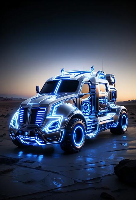 masterpiece, hyper detailed, very realistic photograph, score_9, high quality, (best quality:1.2), futuristic silver and blue glow madmax truck made of silver and cyborg circuits with glowing accents, in the futuristic dark black tron dessert,