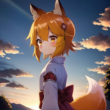 masterpiece, best quality, detailed background, cinematic lighting, sen, animal ears, fox ears, fox girl, fox tail, hair flower, hair ornament, orange eyes, orange hair, short hair, tail, flat chest, 1girl, solo, kimono, miko, japanese clothes,, garden, outdoors, sunrays, cloud, sky, outdoors, cloudy sky, leaf, sunbeam, side view, <lora:senkoLora_v1:2.4>, arms behind back, cloudy, sunrays, dusk, cloud, sky, outdoors, cloudy sky, leaf, sunbeam, post-apocalypse, side view,