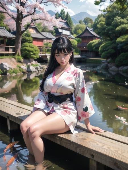 girl, black hair, asian, pink and white kimono, portrait, cleavage looking at viewer, sitting on bench at a japanese village, at a pond with koi carps in it, beautiful  (8k, RAW photo, best quality, masterpiece:1.2),ultra-detailed, (high detailed skin:1.2), 8k uhd, dslr, soft lighting, high quality,