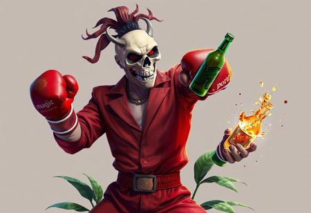 Battlin' Boxer Promoter in red outfit, skull mask, magic boxing gloves, Ring of Destruction. Green plant, beer bottle. Dynamic action pose, splash ink illustration, Octane render, Unreal Engine 5, Raphael style, Houdini style, vivid emotions, joyful impact, CGSociety, Artstation trending on ArtstationHQ, isometric, harmonious colors, beautiful matte painting, golden ratio, 4k, high-res, exceptional quality, lifelike details, impeccable composition, captivating lighting.