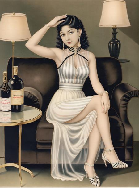 (masterpiece,best quality),vintage poster,
1girl,alcohol, high heels, bracelet, black hair, bottle, chair, shoes, crossed legs, see-through, table, earrings, vase, striped, flower, lamp, 
(beautiful detailed face), (beautiful detailed eyes), <lora:rugu_v3:1>