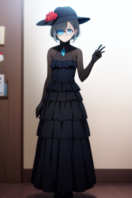 misakiamane, glasses, girl in black dress standing with flower around her neck on white background, 1girl, solo, dress, hat flower, hat, gloves, black dress, black headwear, white gloves, hair over one eye, smile, full body, closed mouth, flower, blue eyes, hand up, standing, transparent background