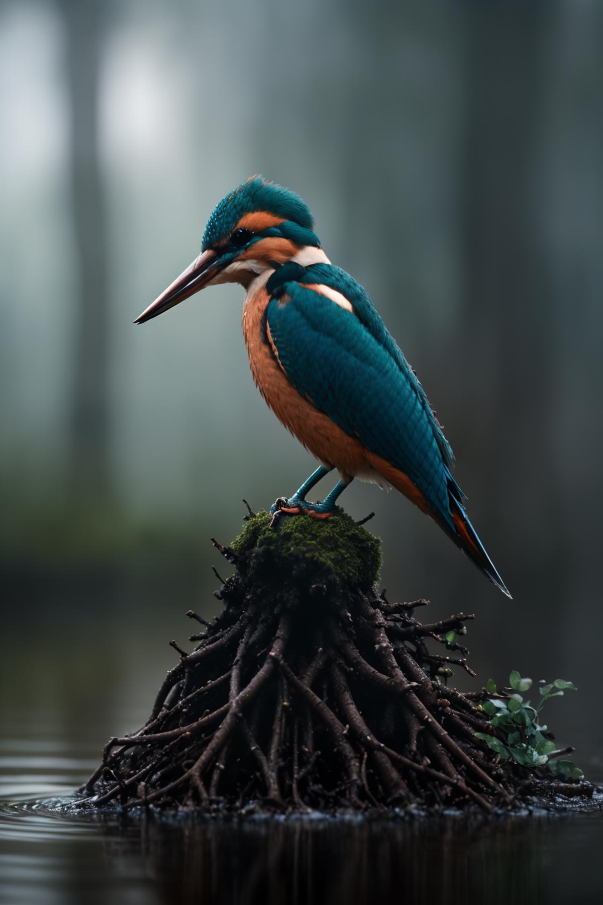 A bird with blue and orange feathers perched on a tree branch.