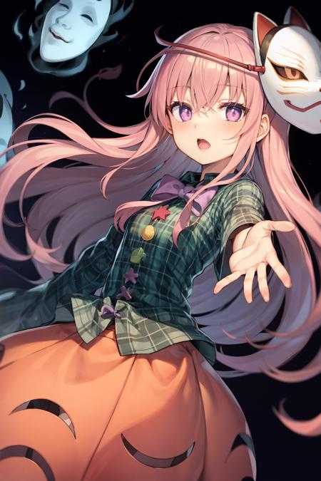 masterpiece, best quality,  <lora:HatanoKokoro:1>,1girl, hata no kokoro, long hair, solo, mask, shirt, skirt, pink hair, bubble skirt, plaid shirt, fox mask, pink eyes, bow, plaid, long sleeves, very long hair, open mouth, looking at viewer, noh mask, expressionless, mouth mask,dual wielding, wide sleeves, purple eyes, outstretched arms