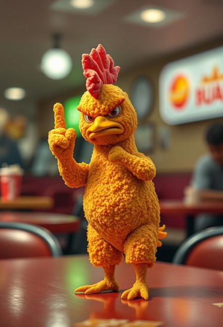 Realistic Angry chicken nugget standing on fastfood diner table showing middle finger, blurry diner background