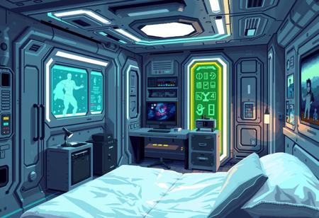 pixel, pexelated,pixelart, futuristic compact spaceship bedroom cubicle for apprentice magician with a digital glass computerno decoration full metal room looking like a cubicle