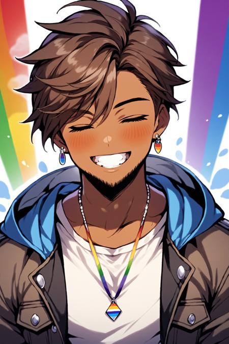 Niji Pride,  solo,  smile,  short hair,  open mouth,  brown hair,  shirt,  1boy,  jewelry,  jacket,  closed eyes,  white shirt,  upper body,  male focus,  earrings,  open clothes,  teeth,  dark skin,  hood,  necklace,  bracelet,  open jacket,  muscular,  ^_^,  facial hair,  dark-skinned male,  thick eyebrows,  hood down,  pectorals,  muscular male,  bara,  hooded jacket,  beard,  mature male,  hand on own head,  rainbow, <lora:EMS-51678-EMS:0.800000>