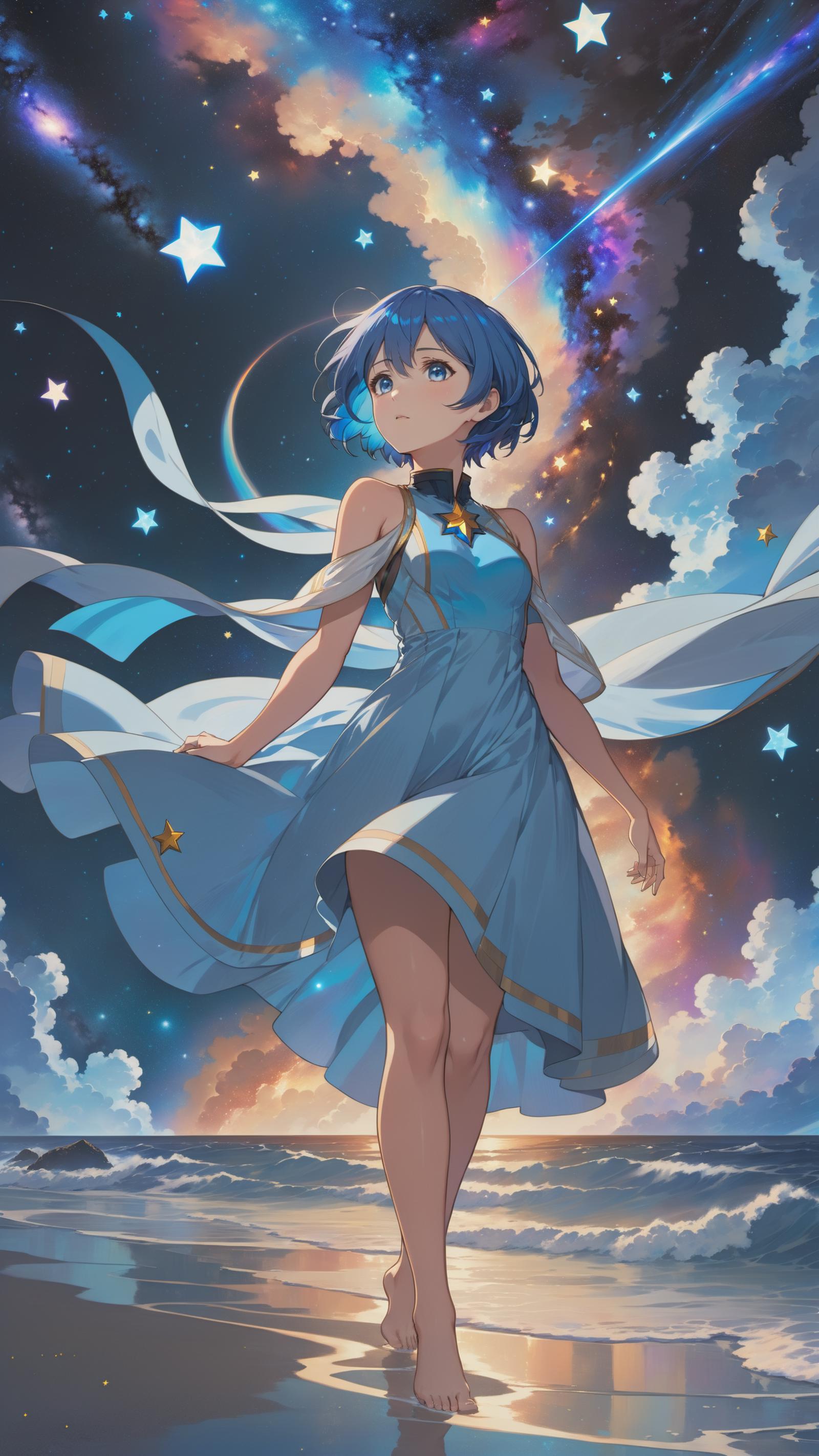 A young girl in a blue dress stands in a starry sky.