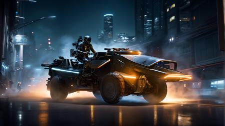 black and black science fiction hovering tank military motorbike running away from a police car, science fiction, cinematic lighting, night time, volumetric light, imax, dslr, highly detailed, volumetric fog, dystopian vibes, dutch angle, cinematic angle