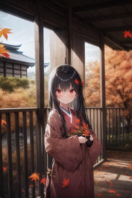 1girl, architecture, autumn leaves, building, east asian architecture, flower, holding, leaf, long hair, long sleeves, looking at viewer, outdoors, plant, red eyes, solo, standing