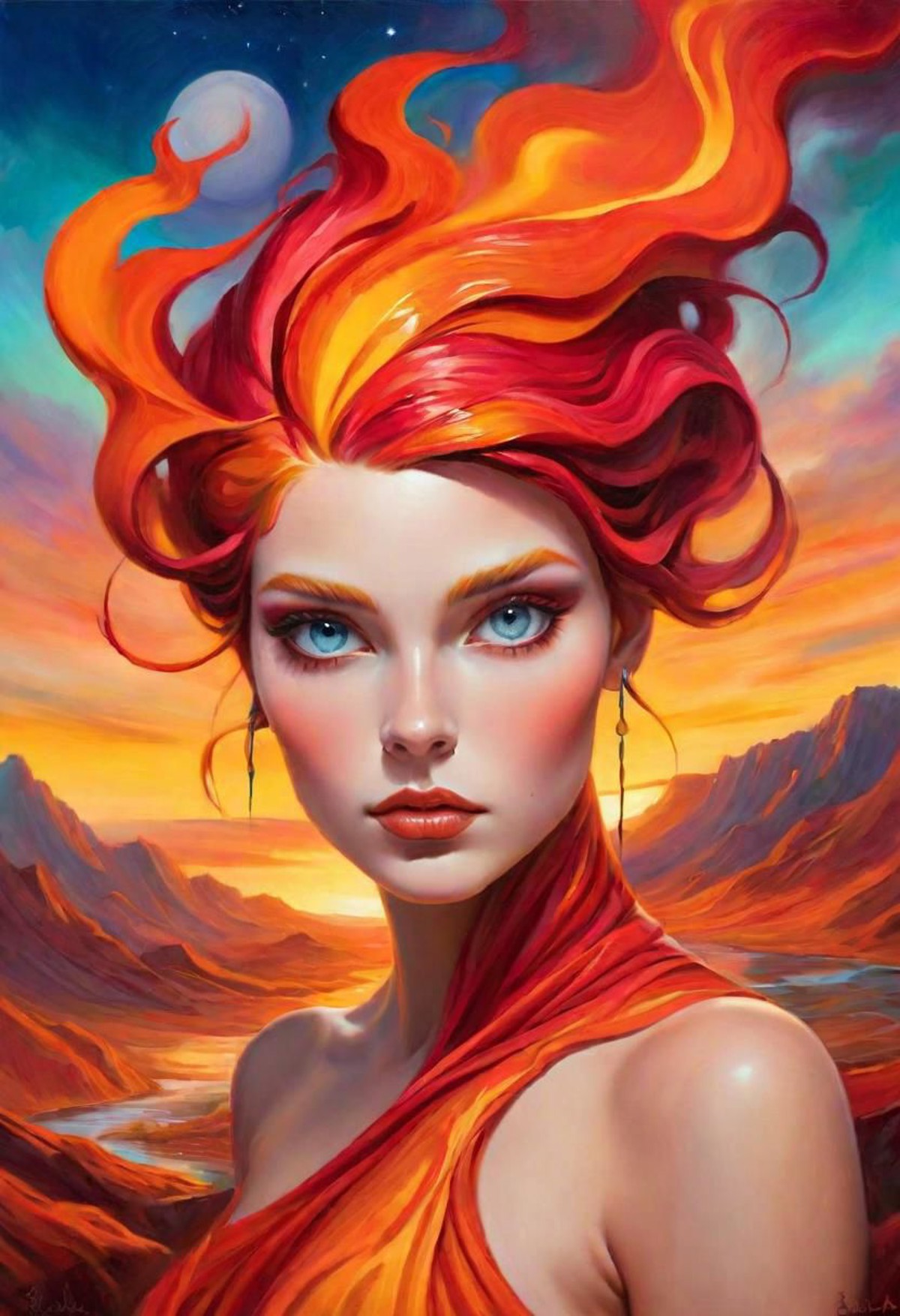 Christopher Balaska's vivid colors paint a surreal landscape as a stunning woman graces the scene, her piercing eyes gleam...