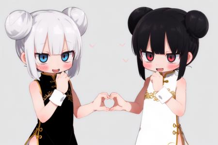 Contrary Symmetry,forming a heart with hands,standing,2girls,short hair,white hair,black hair,Double Buns,red eyes,blue eyes,embarrassed,blush,(:D:1.2),china minidress,