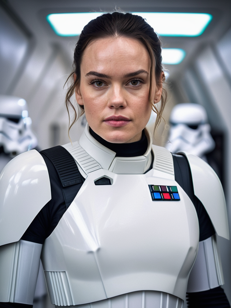 professional portrait photograph of, Daisy Ridley with (long sandy blonde hair), (wearing a stormtrooper uniform:1.2), (standing in a hallway on a spaceship:1.2) <lora:DetailedEyes_V3:0.8>  (pores:0.5) (freckles:0.2)