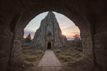 raw photo, a sunset landscape, oregon mountains, forested cliffs, cozy, photorealistic, abandoned Towering Stone gateway entry into dark the side of cliff, dwarven, high fantasy style, high detailed texture, 8k uhd, dslr, soft lighting, high quality, film grain, Fujifilm XT3, Sony A7 IV, highly detailed photography, (muted colors, cinematic, dim colors, soothing tones:1.2), vibrant, insanely detailed, hyperdetailed, (dark shot:1.2), (vsco:0.3), (intricate details:0.9), (hdr, hyperdetailed:1.2) (highest coherency: 1.39) (highest quality: 1.39) (rule-of-thirds) (award-winning) (masterclass) (highest resolution: 1.39)