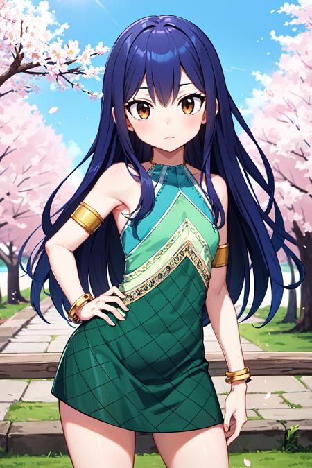 aawendy, long hair, twintails, hair ornament, bare shoulders, green dress, sleeveless dress, armlet, bracelet aawendy, long hair, twintails, hair ornament, school uniform, yellow bow, red jacket, long sleeves, black skirt, black thighhighs
