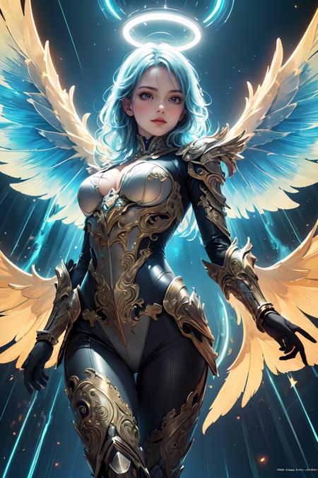 (best quality, masterpiece, colorful, dynamic angle, from below, highest detailed)upper body photo, full body photo, fashion photography of cute mechangel, glowing 4 wings, solo, glowing armor, glowing halo, building, glowing mechanical 4 wings (intricate details, hyperdetailed:1.15), detailed, light passing through hair, (official art, extreme detailed, highest detailed), HDR, <lora:more_details:0.3> ,<lora:GoodHands-beta2:1>, <lora:GPTS4 dreamwave full_478773:0.4>